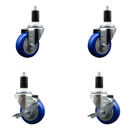 Service Caster 3.5'' SS Blue Poly Wheel Swivel 1-3/8'' Expanding Stem Caster Set 2 Brakes, 4PK SCC-SSEX20S3514-PPUB-BLU-2-TLB-2-138